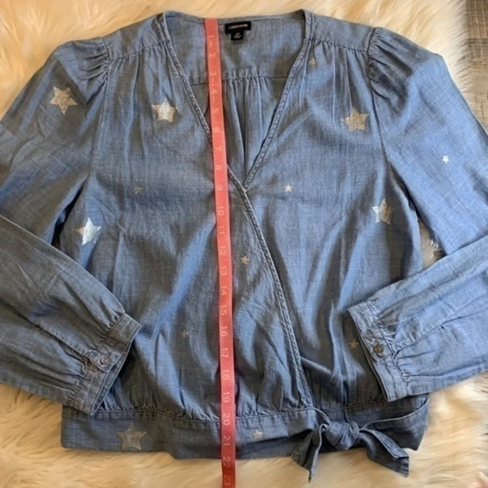 J. Crew chambray surplice wrap with silver stars and adjustable bottom S Tall